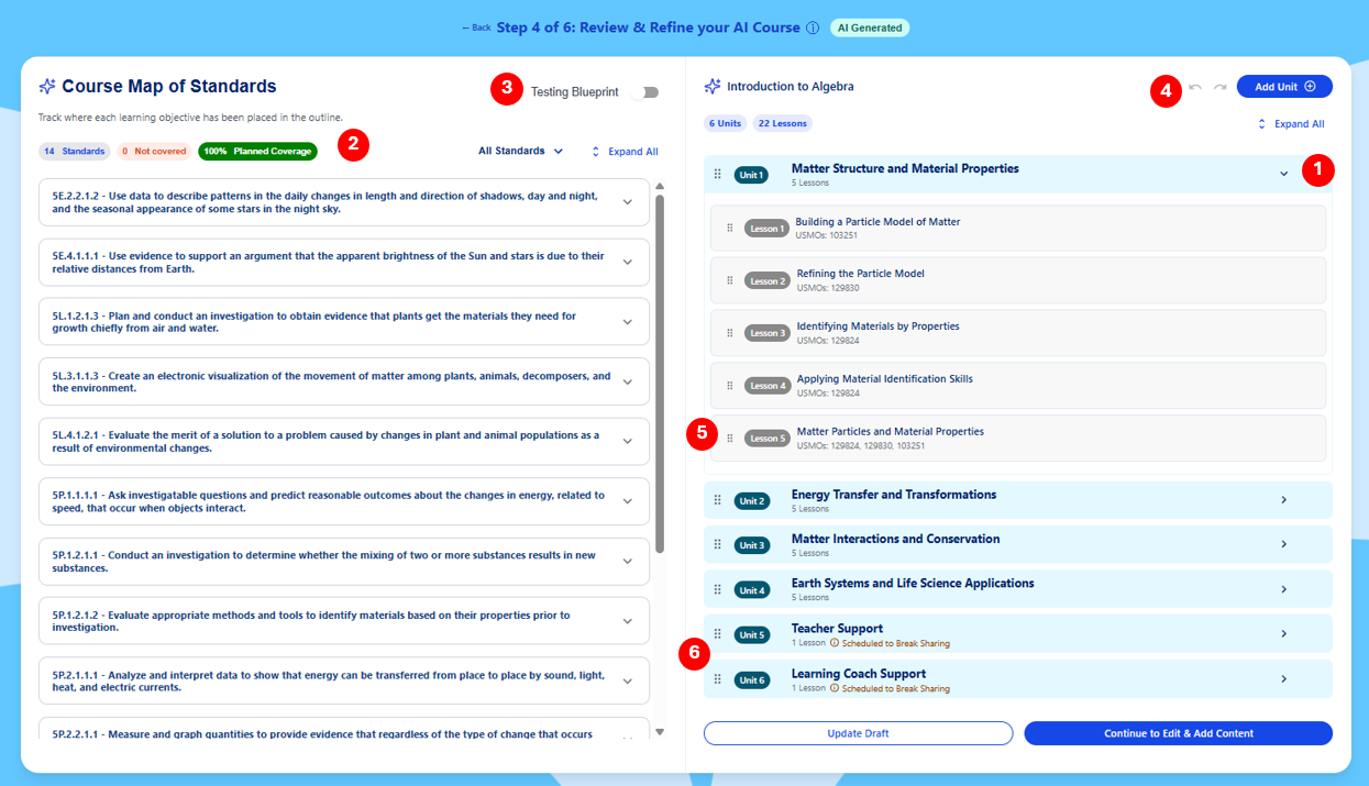 Annotated V1 outline review screenshot showing planned coverage, standards, and editable units and lessons before continuing to add content.
