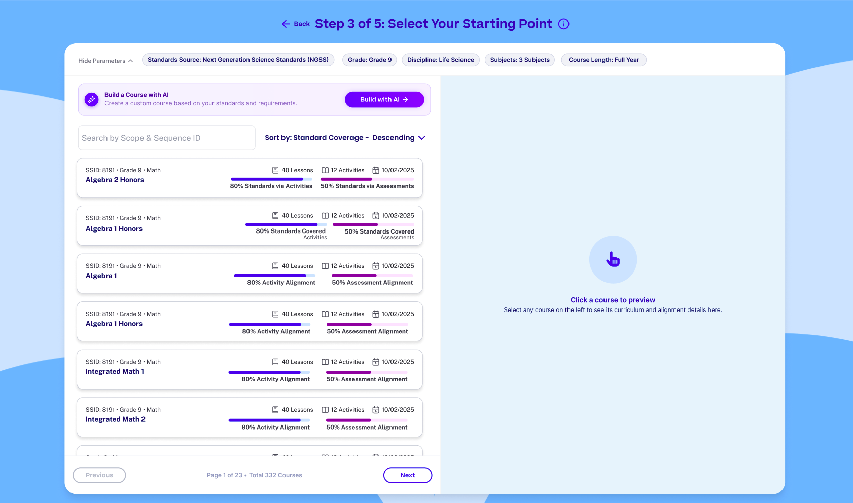 Starting-point design with a Build with AI option above searchable existing courses and their activity and assessment coverage indicators.